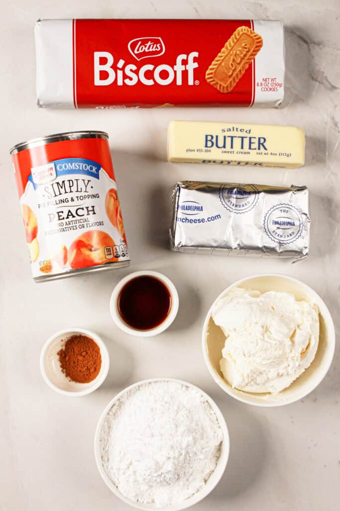 overhead shot of peach biscoff pie ingredients