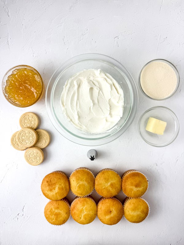 overhead shot of ingredients for pineapple cupcakes