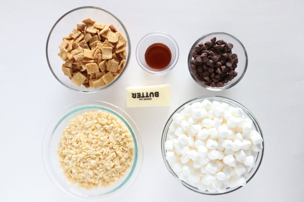 overhead shot of s'mores krispies treats ingredients