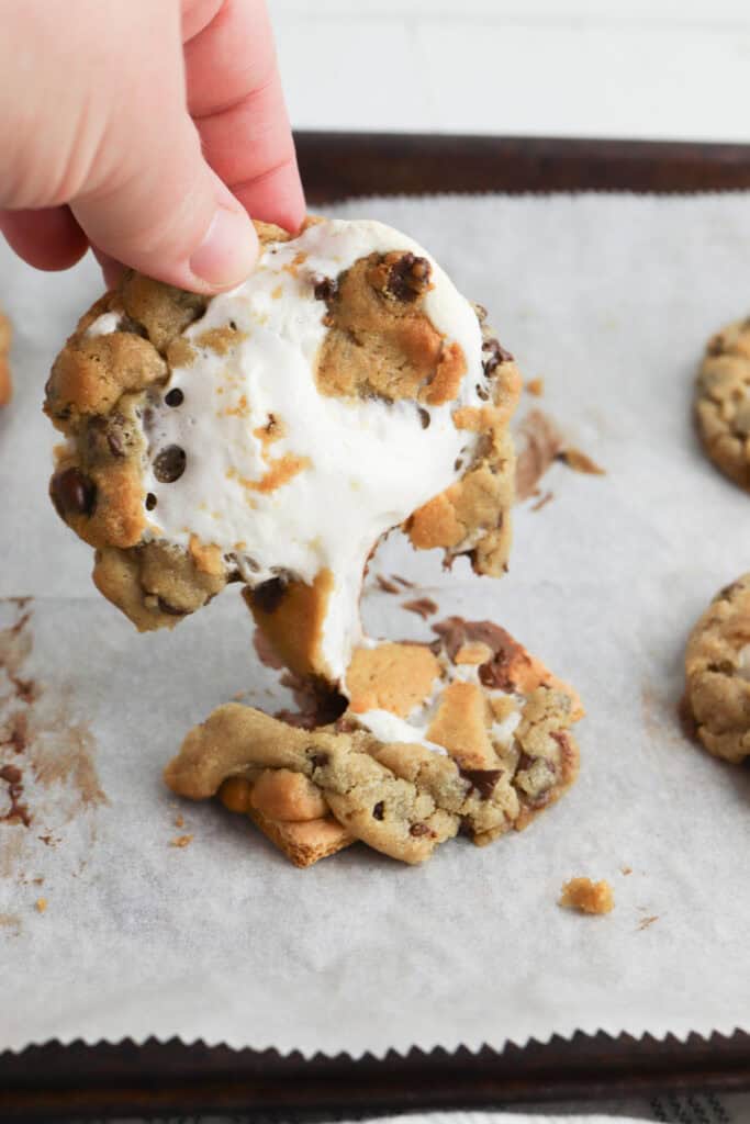 closeup of finished smores chocolate chip cookies