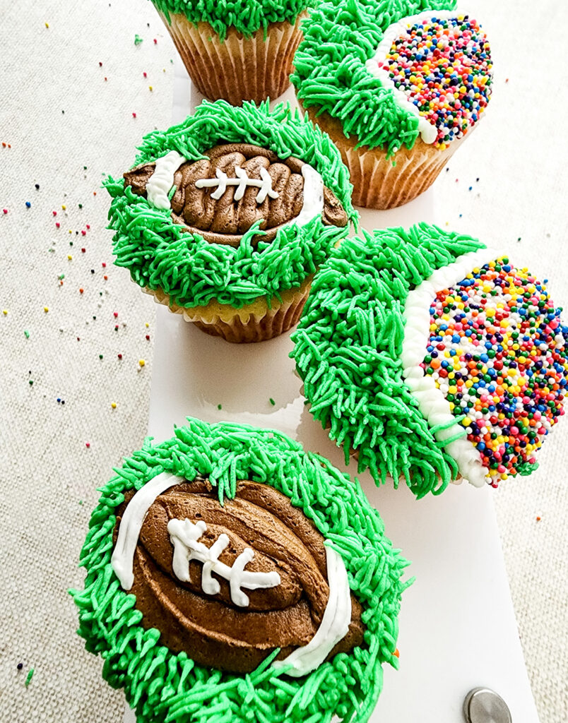 closeup of finished football cupcakes