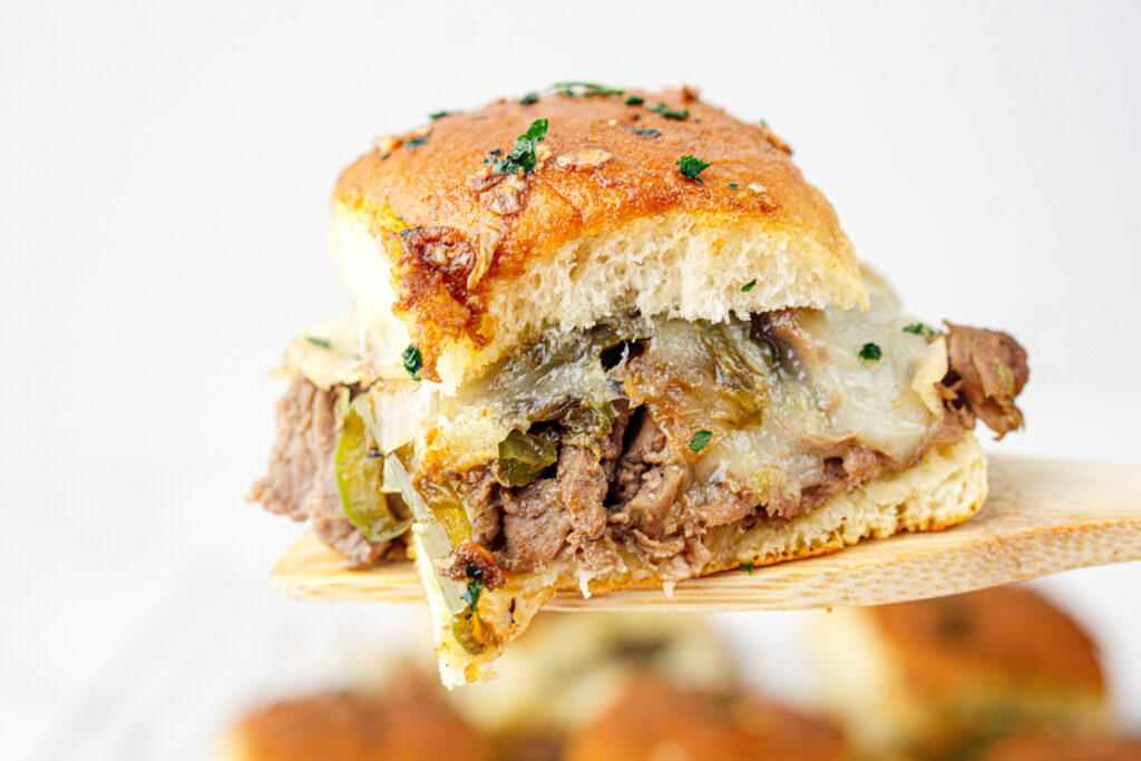 closeup of finished cheesesteak slider sandwich