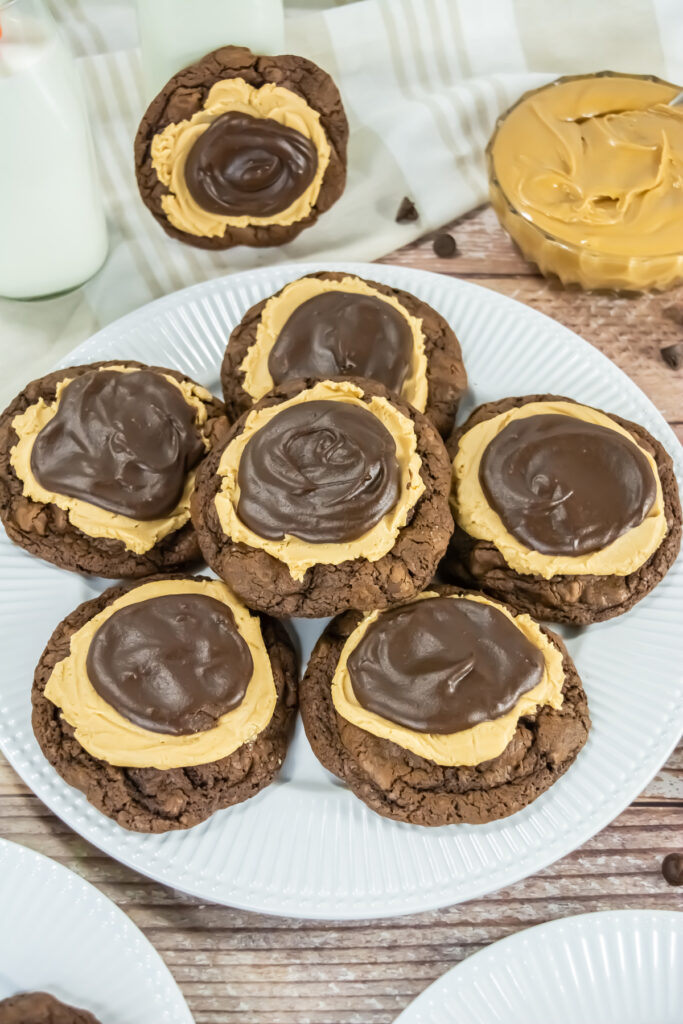 closeup of buckeye brownie cookies on a plate