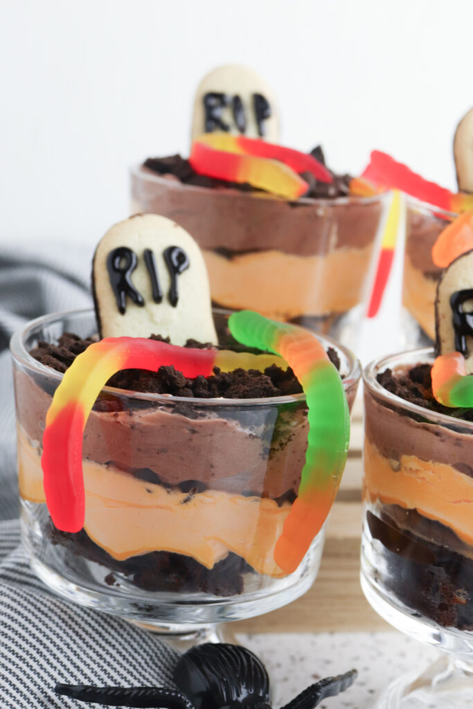 closeup of finished graveyard chocolate trifles