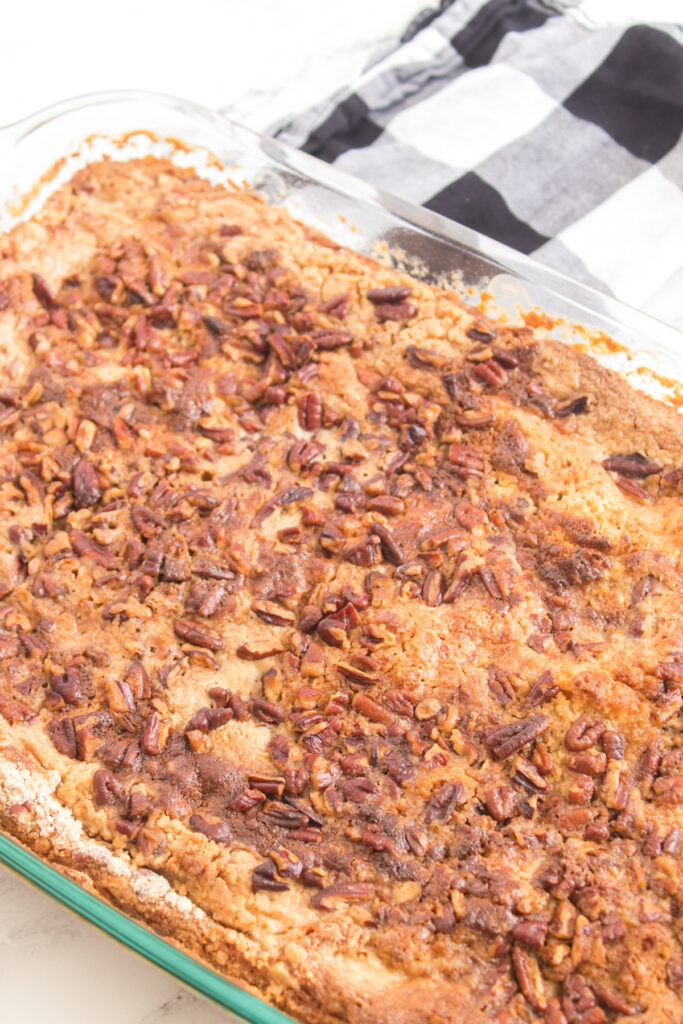 closeup of pumpkin crunch dump cake after baking