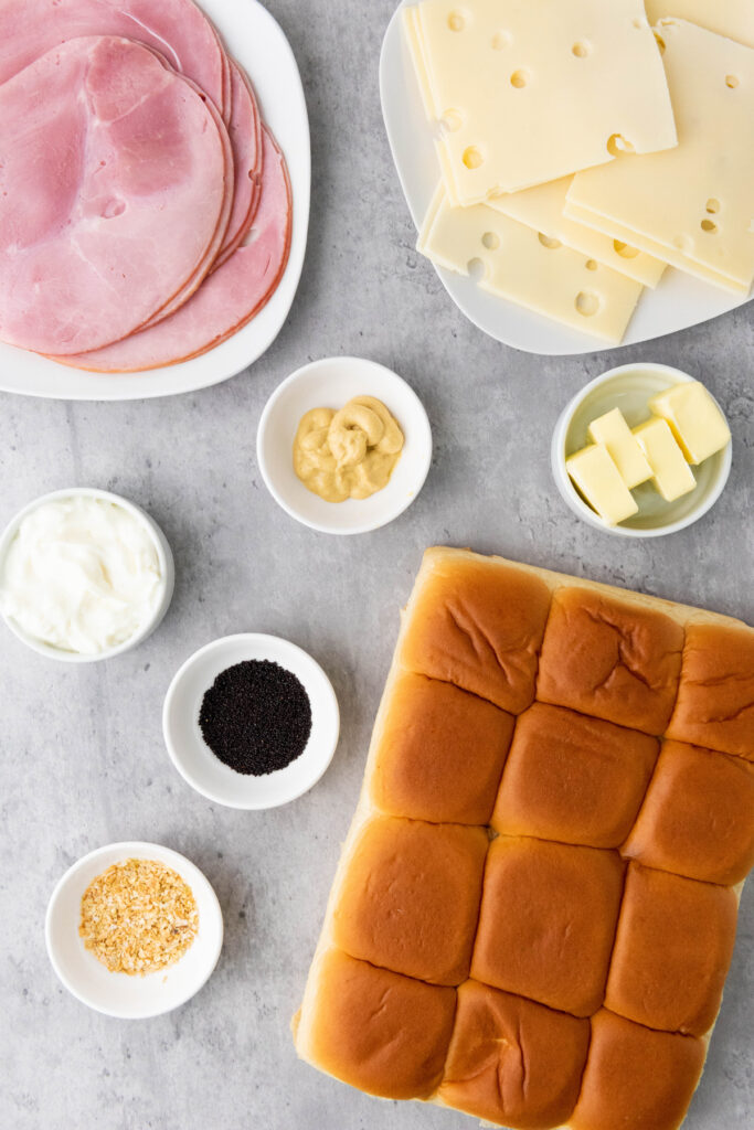 overhead shot of ham and cheese slider ingredients