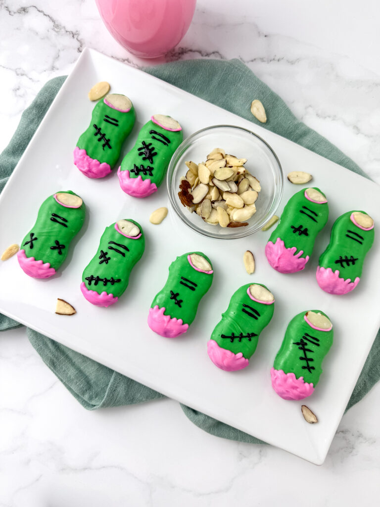 finished zombie finger cookies on a plate