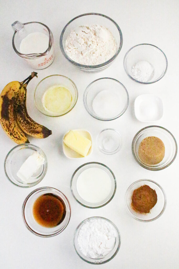 overhead shot of ingredients for yeast free banana cinnamon rolls