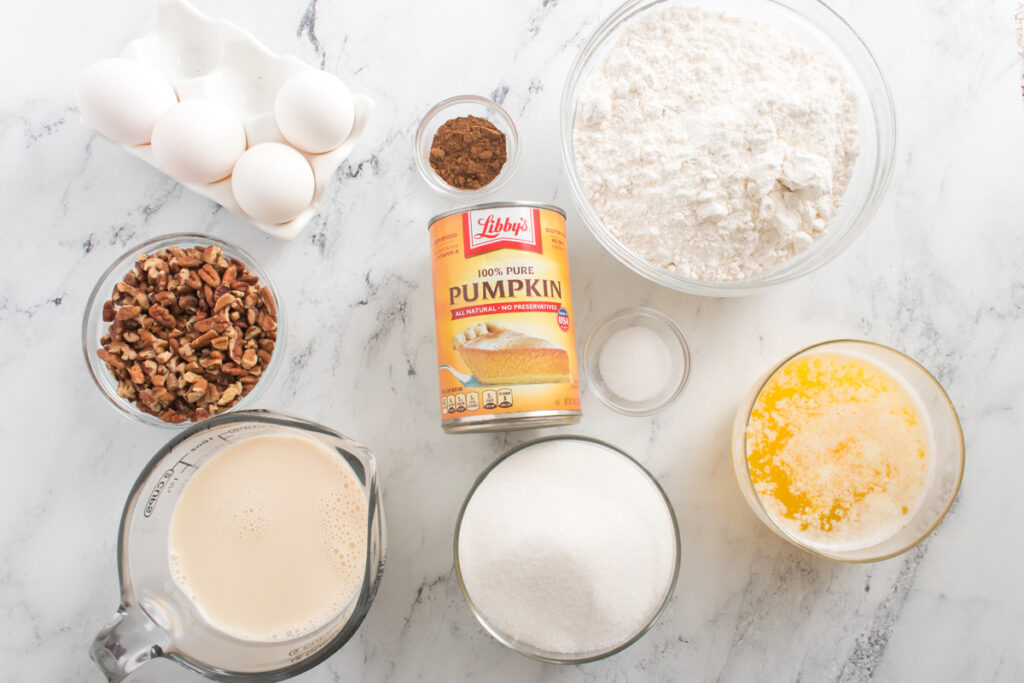 overhead shot of ingredients for pumpkin dump cake