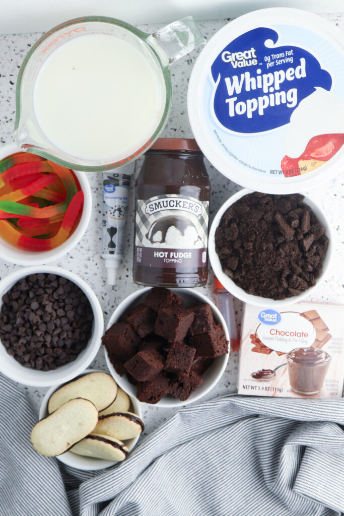 overhead shot of ingredients for graveyard chocolate trifle cups