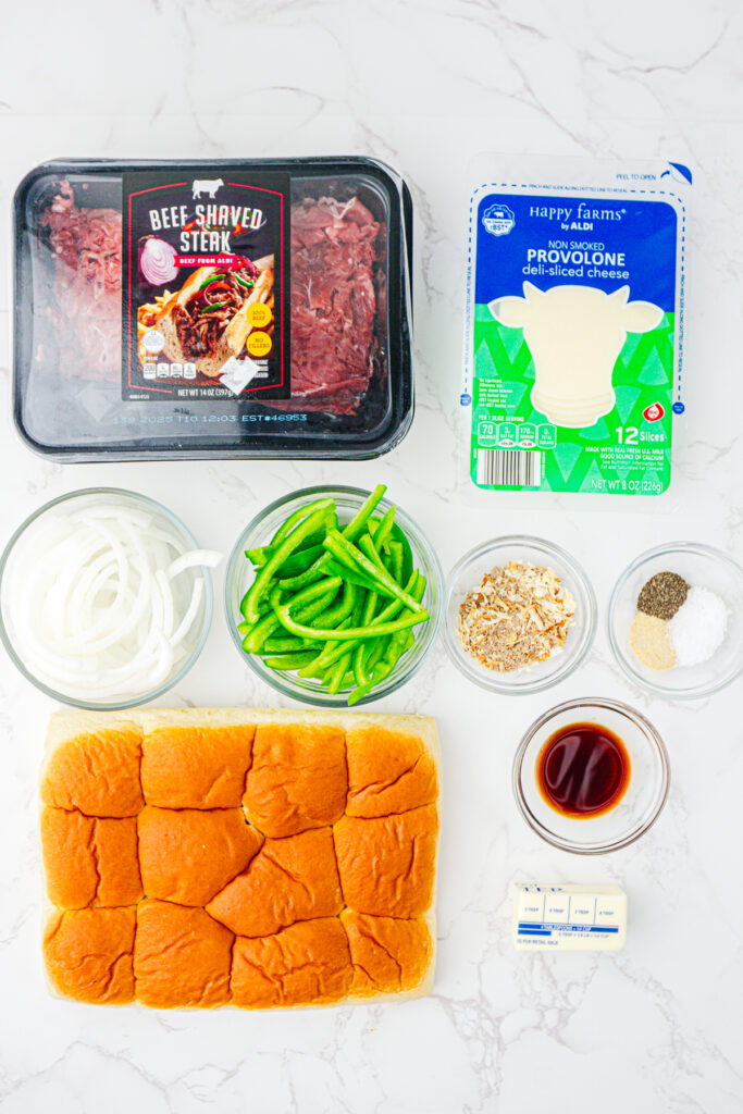 overhead shot of cheesesteak sliders ingredients