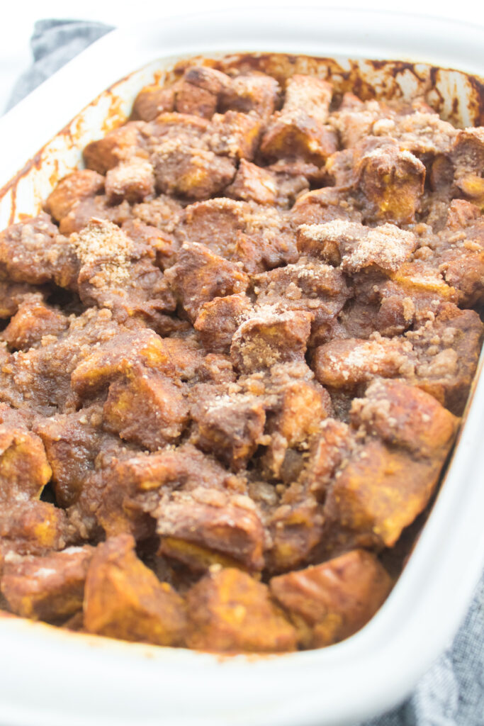 closeup of finished baked pumpkin french toast in a dish