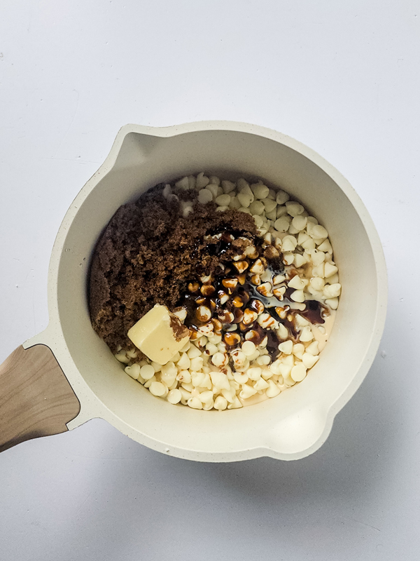 melting all of the fudge ingredients in a sauce pan
