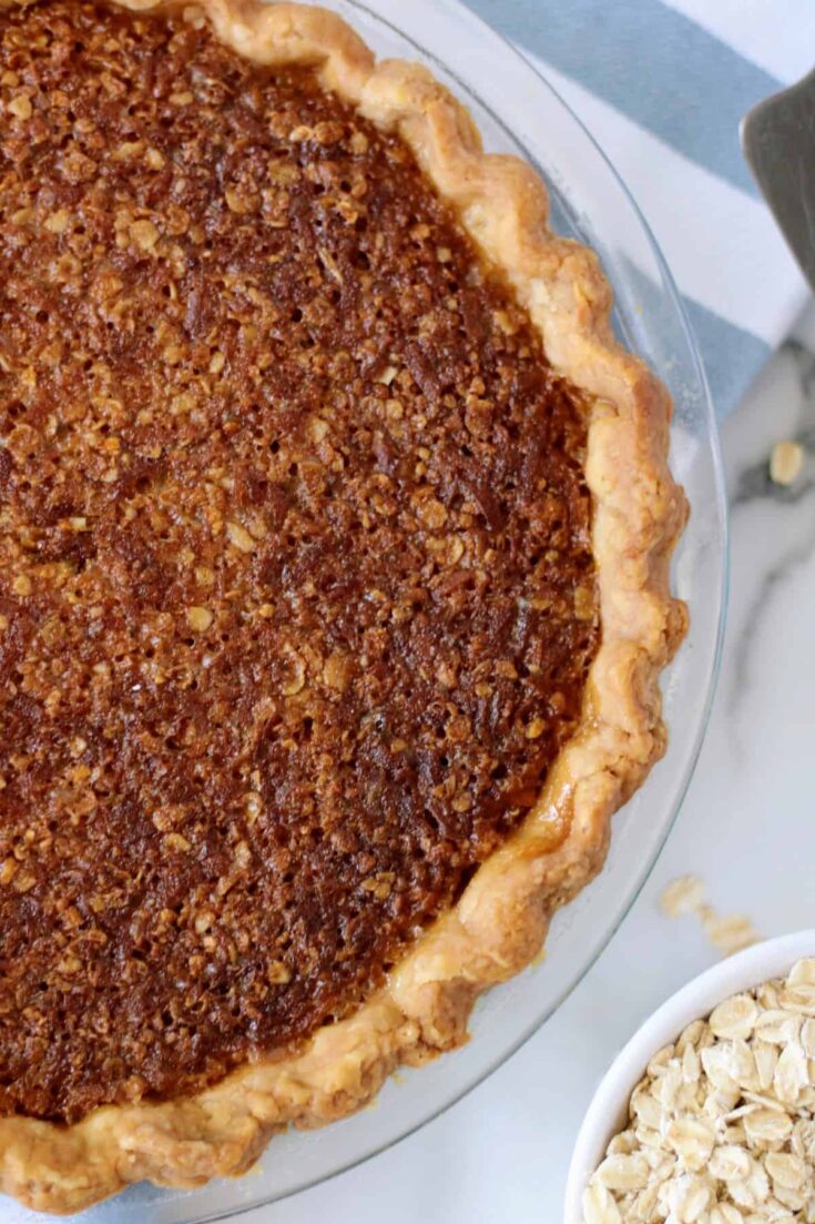 Old Fashioned Oatmeal Pie showing half a pie overhead 66 Custom