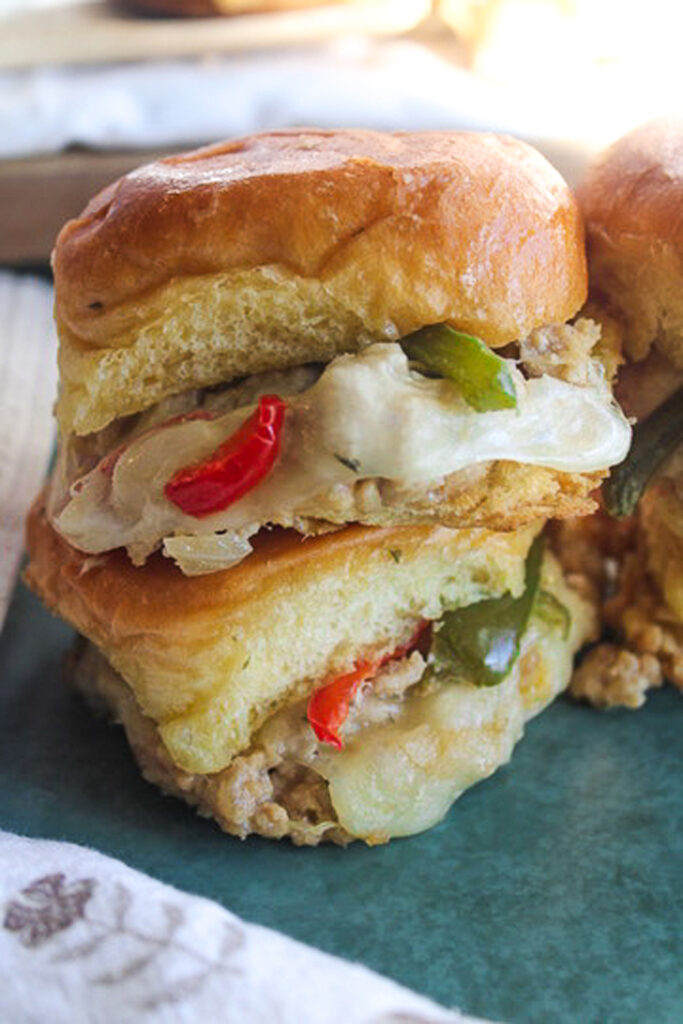 stack of finished chicken cheesesteak sliders
