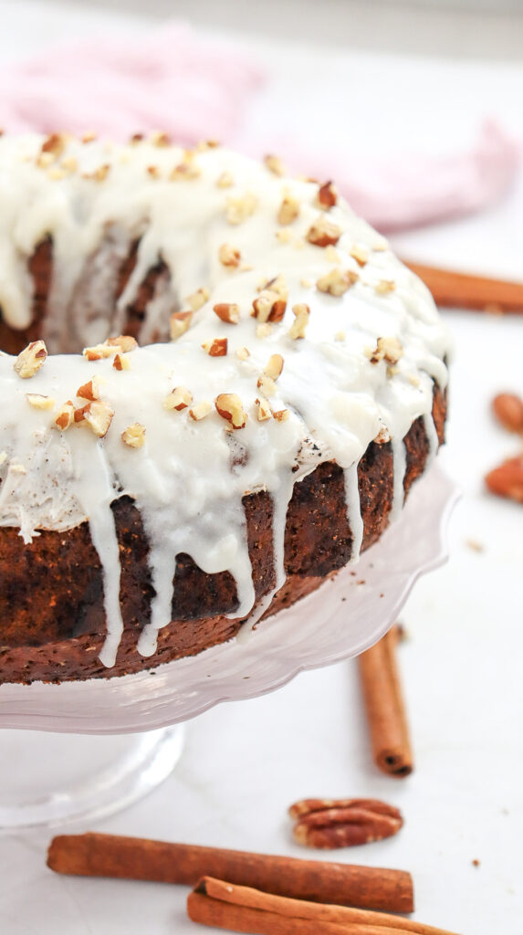 closeup shot of finished carrot cake bundt cake after frosting