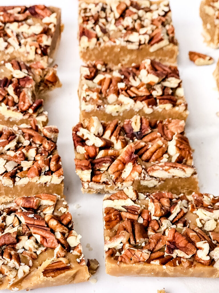 squares of maple pecan pie fudge after cutting