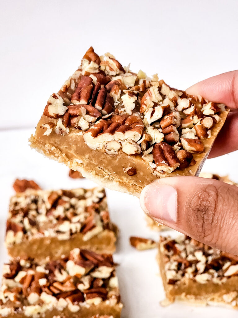 closeup of finished pecan pie fudge square
