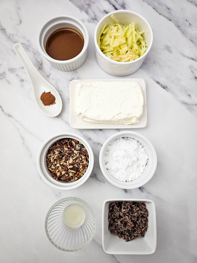 overhead shot of ingredients for caramel apple cheesecake dip
