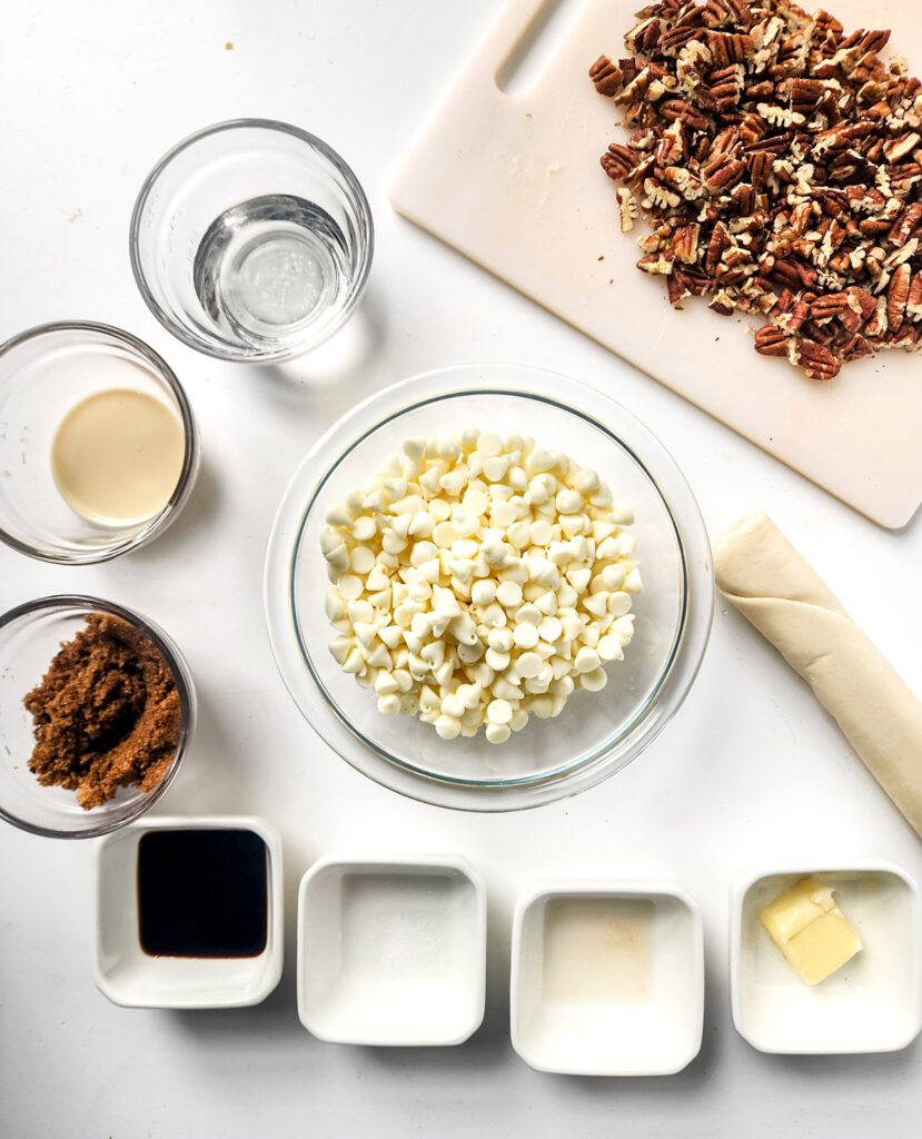 overhead shot of ingredients for maple pecan fudge