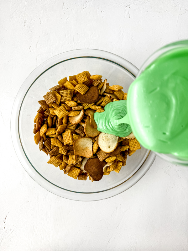 pour melted green candy into the chex mix
