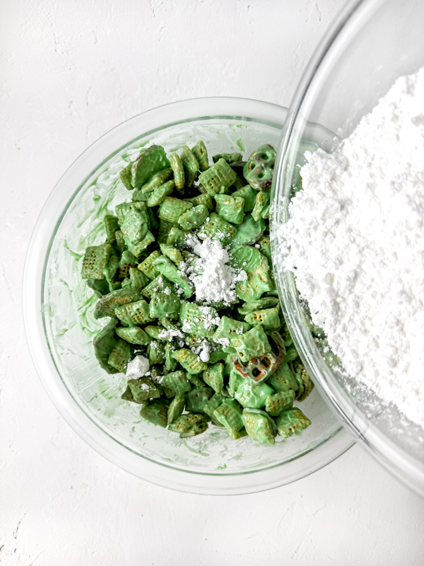 add powdered sugar to the green chex mix