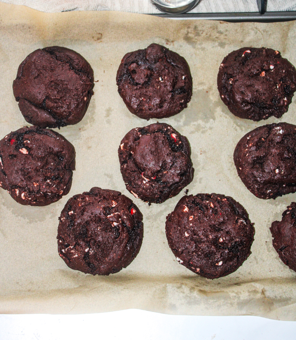 chocolate peppermint cookies after baking