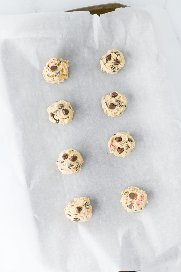 scoop dough onto parchment lined baking sheet and chill for 30 minutes
