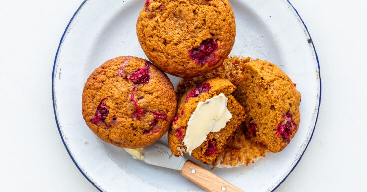 Cranberry gingerbread muffins made with molasses and spices