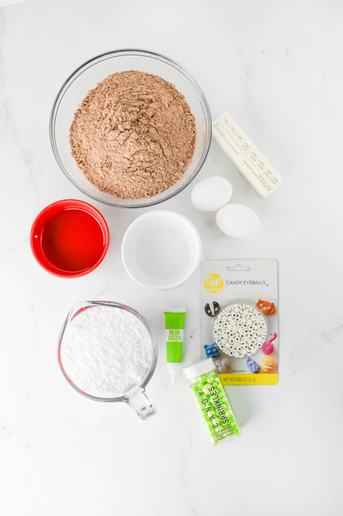 overhead shot of cauldron brownie bites ingredients