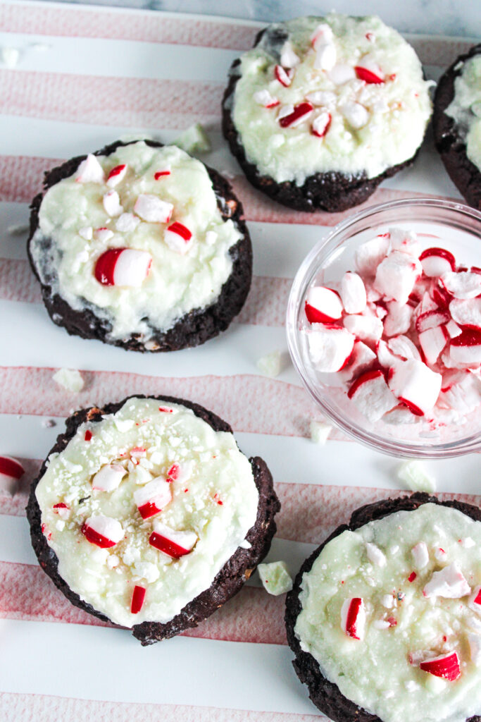 overhead shot of chocolate peppermint bark cookies