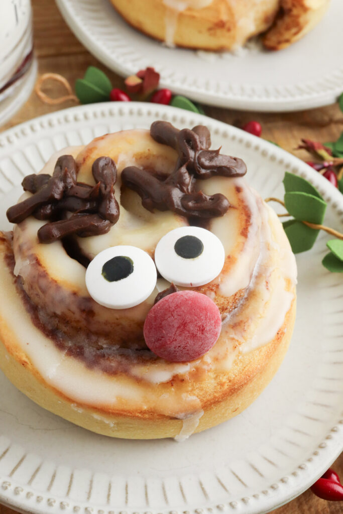 Christmas Rudolph cinnamon roll on a plate