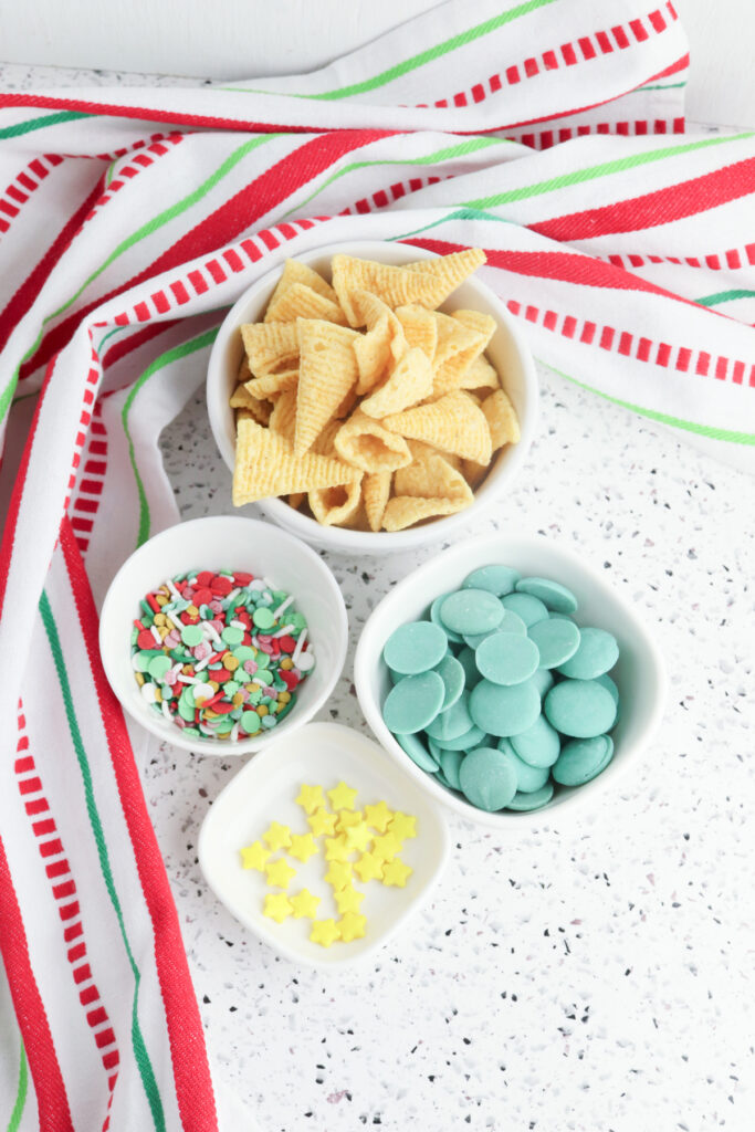 overhead shot of ingredients for christmas tree bugles