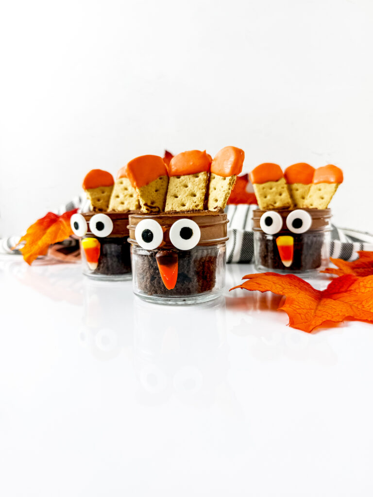 finished turkey cupcake jars on a counter