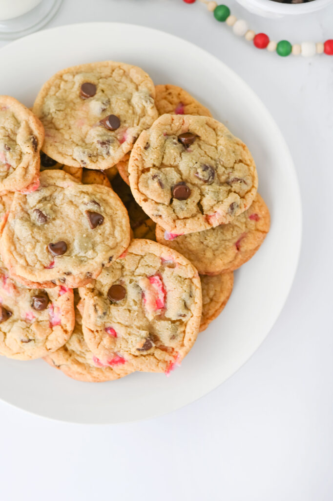 finished peppermint chocolate chip cookies on a plate after baking