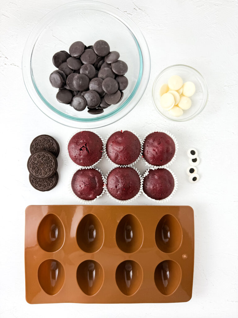 overhead shot of ingredients for halloween truffle bats