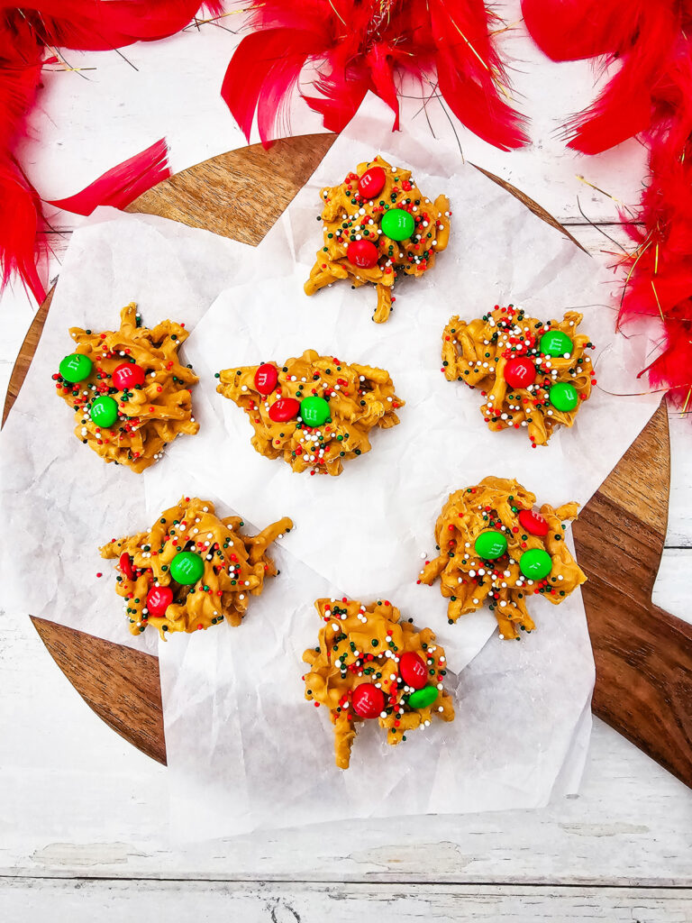 overhead shot of christmas haystack cookies on a platter