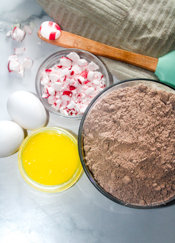 overhead shot of ingredients for chocolate peppermint bark cookies