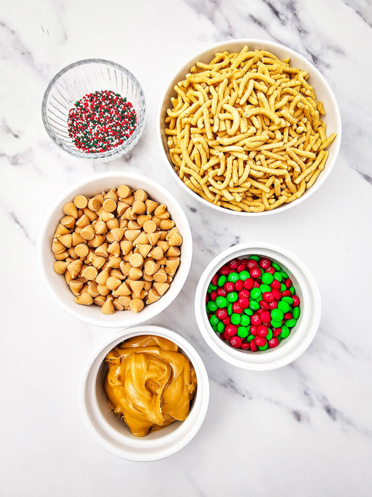 overhead shot of ingredients for no-bake christmas haystack cookies