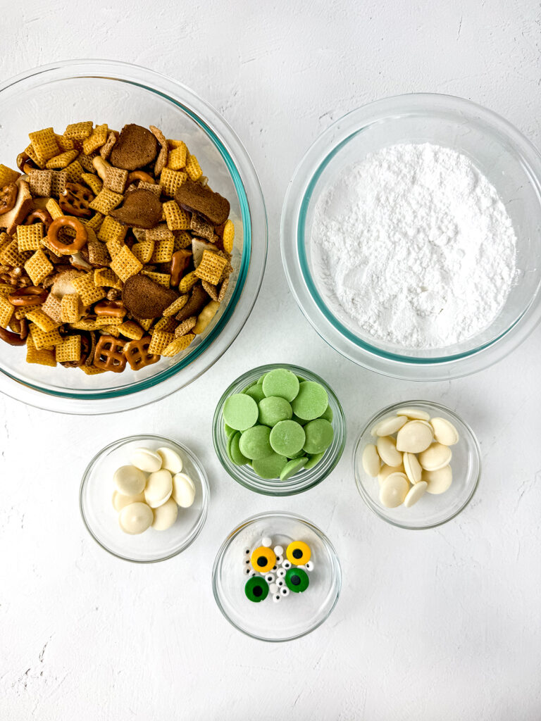 overhead shot of ingredients for zombie puppy chow mix