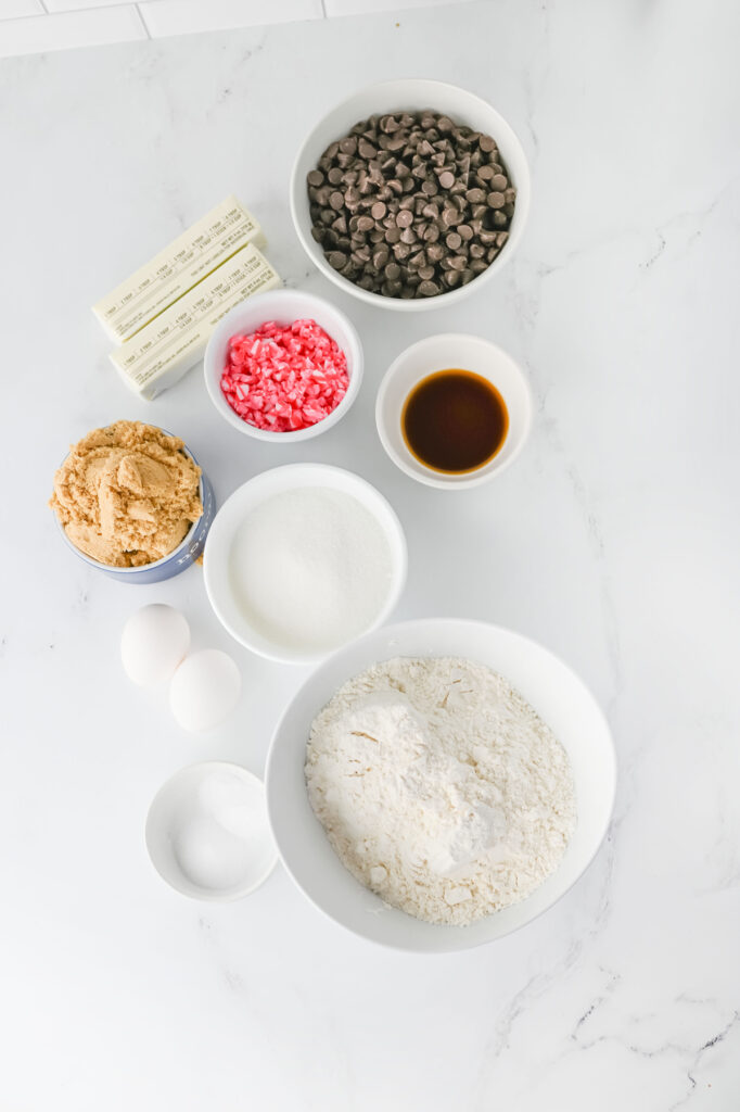 overhead shot of ingredients for peppermint chocolate chip cookies