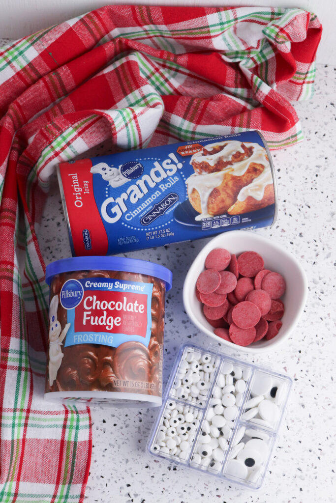 overhead shot of ingredients for Rudolph cinnamon rolls