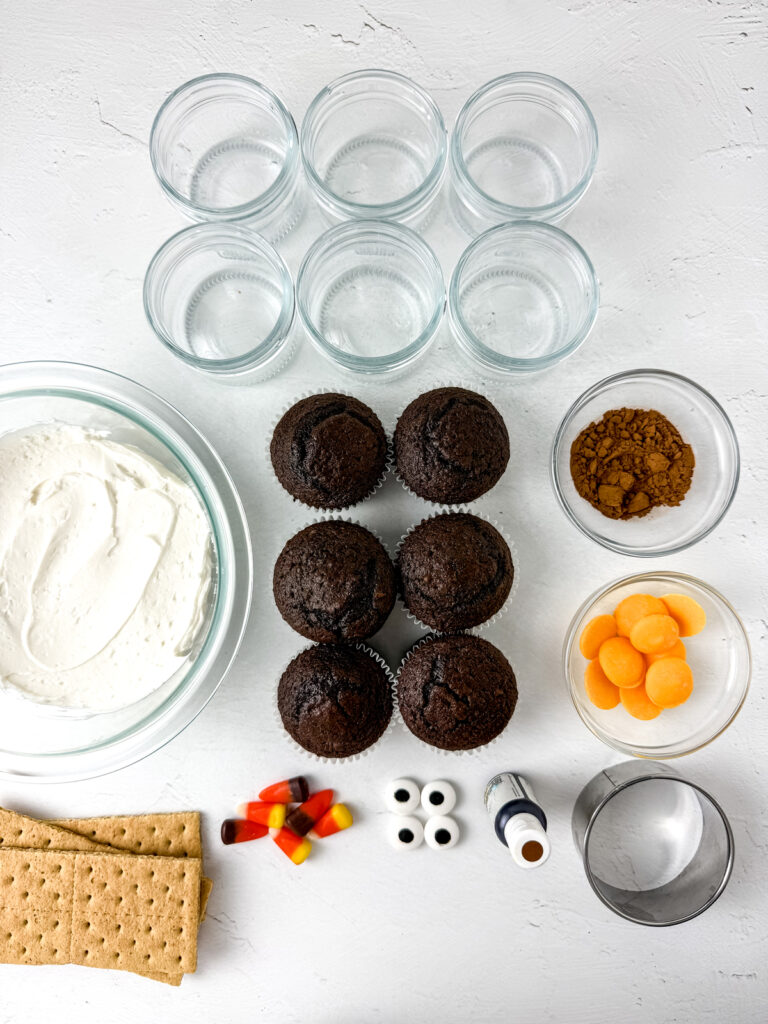 overhead shot of ingredients for turkey cupcake jars