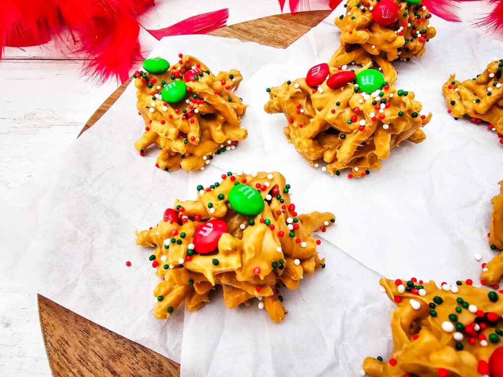 holiday haystack cookies on a platter