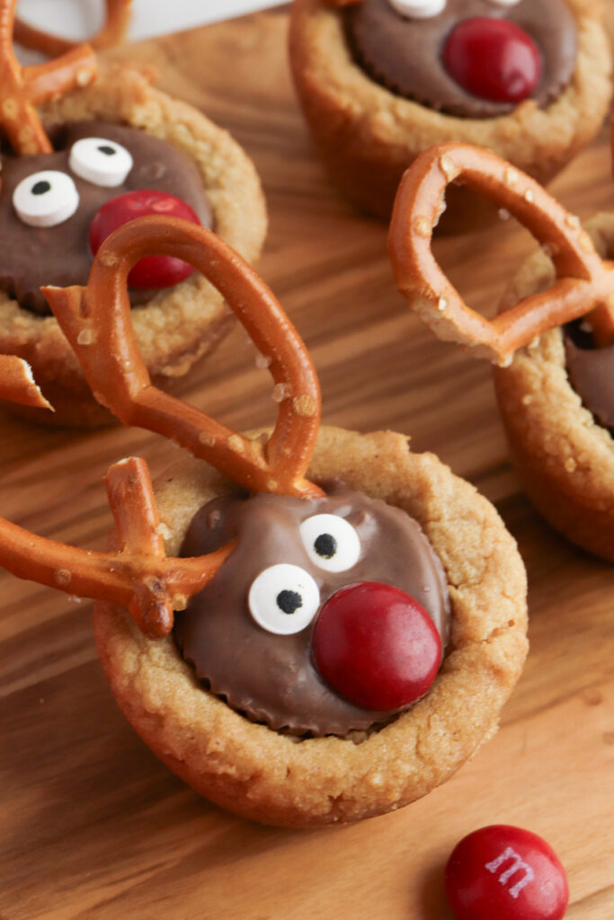 closeup of finished reindeer cookie cups after decorating