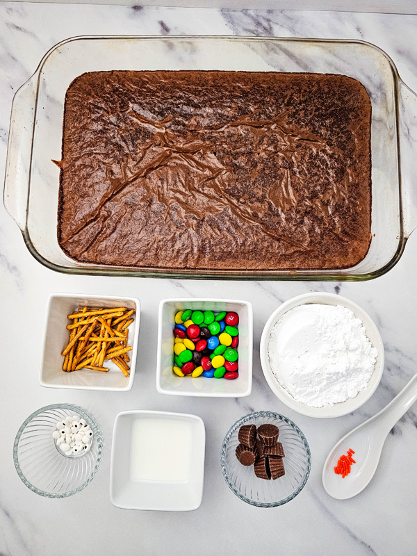 overhead shot of snowman brownies ingredients