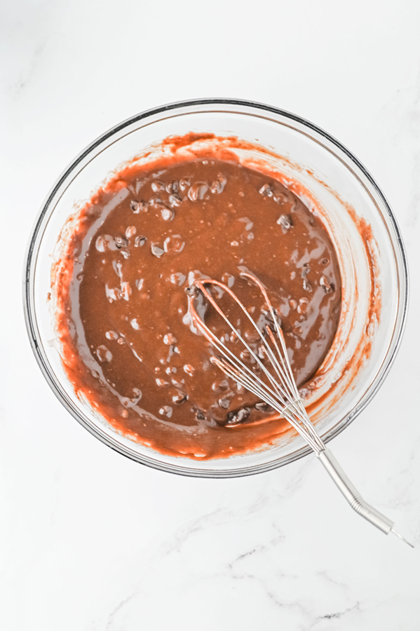 mix brownie ingredients and chocolate chips together