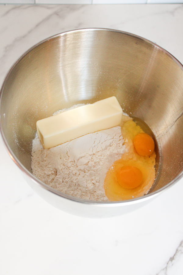 mix together cake mix, butter, and eggs
