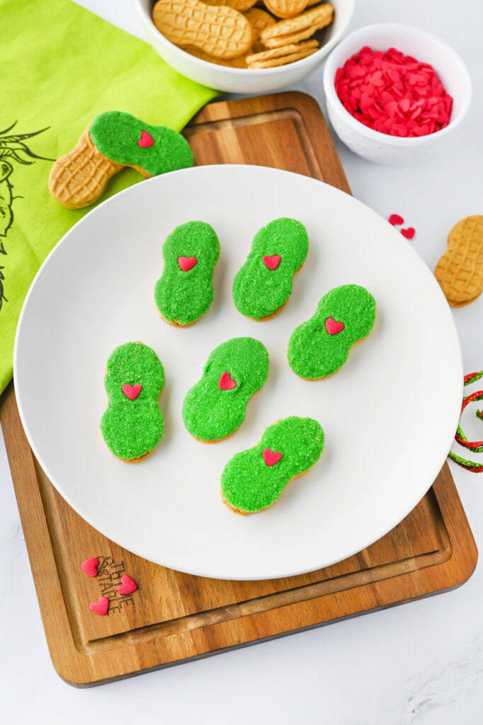 finished grinch nutter butter cookies on a plate