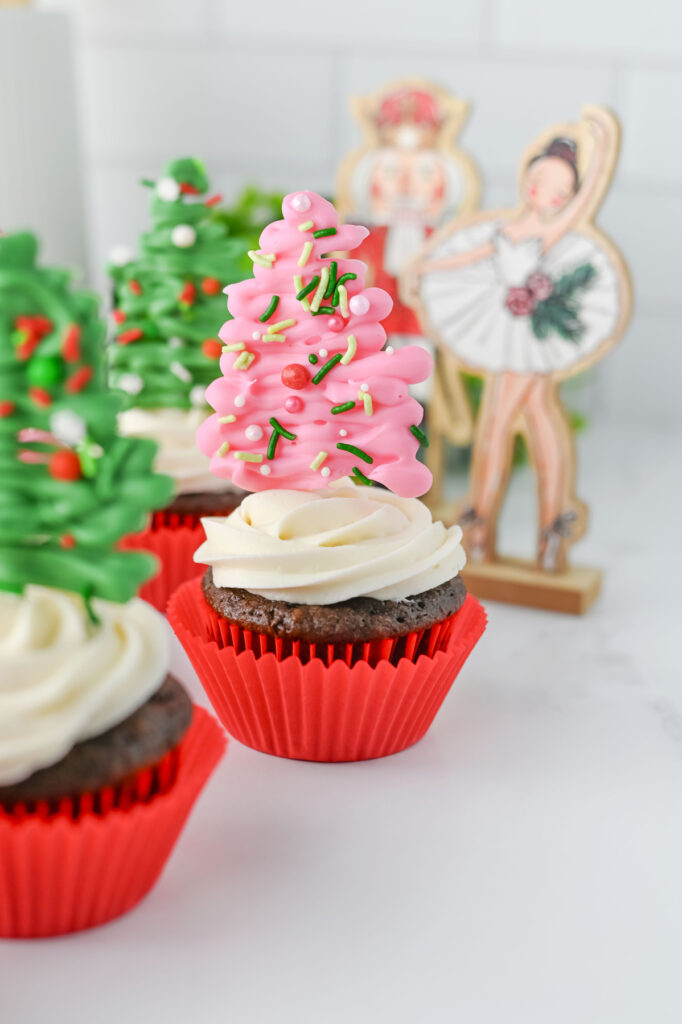 closeup of finished pink christmas tree cupcake